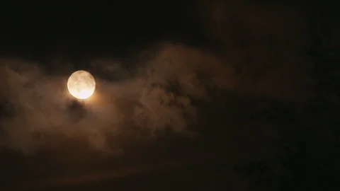 Yellow moon shining through dark clouds at night 動画素材 106063972