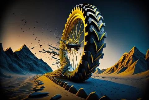Yellow mountain bike tire tread with brakes in the distance. Generative AI Stock Illustration
