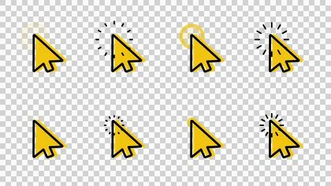 Yellow mouse pointer and arrow cursor icon pack on transparent background. Stock Illustration