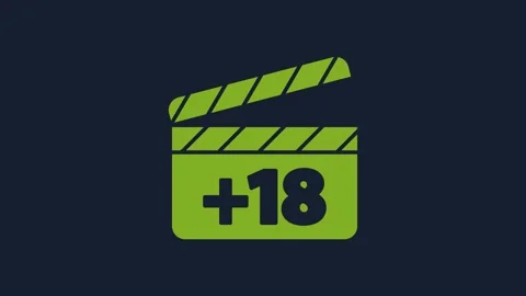 Yellow Movie clapper with 18 plus content icon isolated on blue background. Age Stock Footage 232043337