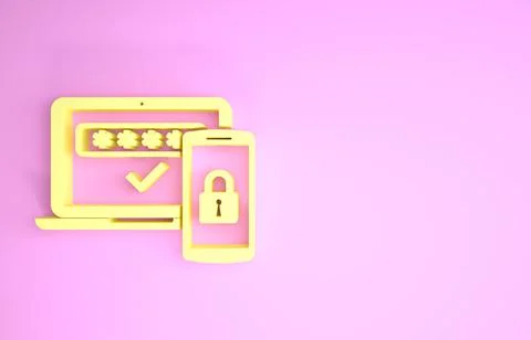 Yellow Multi factor, two steps authentication icon isolated on pink backgroun Stock Illustration