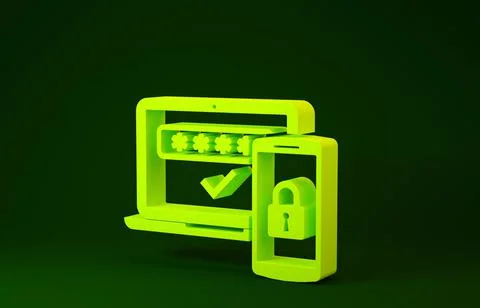 Yellow Multi factor, two steps authentication icon isolated on green backgrou Stock Illustration