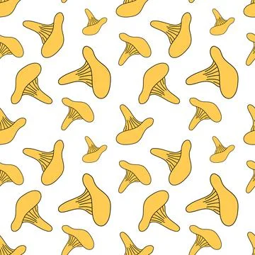 Yellow mushroom seamless chanterelle pattern in doodle style vector illustr.. Stock Illustration