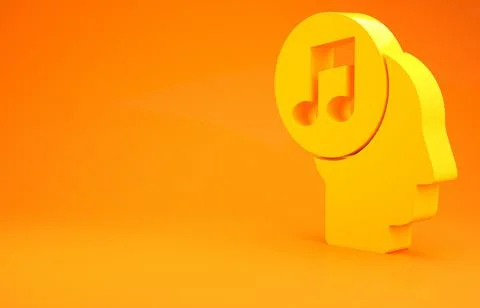Yellow Musical note in human head icon isolated on orange background. Minimal Stock Illustration