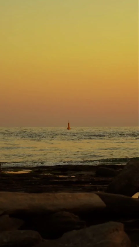 Yellow Navigation Buoy Floating on Calm Ocean During Twilight Stock Footage 331968528