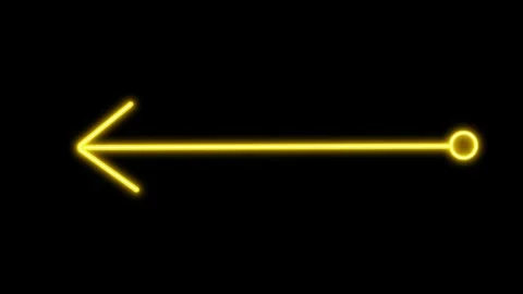 Yellow neon arrow pointing left with glowing line and circular tail on black bg Stock Footage 334095441