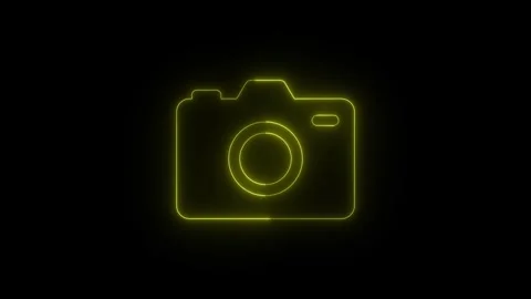 Yellow neon camera icon glowing on black background featuring clean modern .. Stock Footage 345549418