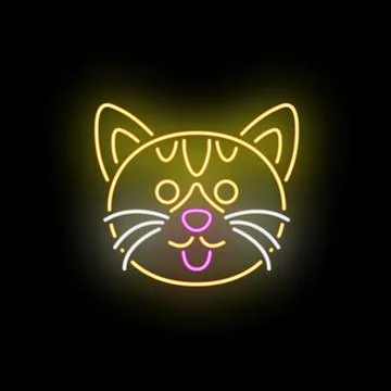 Yellow neon cat head glowing on black background Stock Illustration