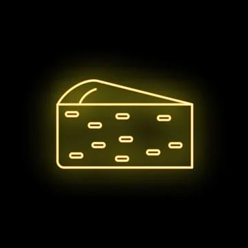 Yellow neon cheese slice glowing on black background Illustrazione stock
