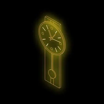 Yellow neon clock showing five minutes past twelve on black background イラスト素材