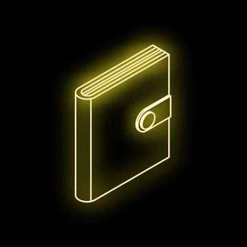 Yellow neon closed book with button fastener on black background Stock Illustration