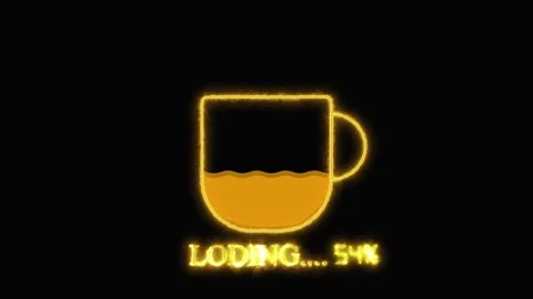 Yellow Neon Coffee Cup Loading Indicator with Text and Percentage on Black .. Stock Footage 321590388