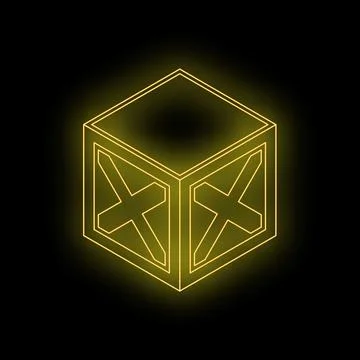 Yellow neon cube glowing on black background Stock Illustration
