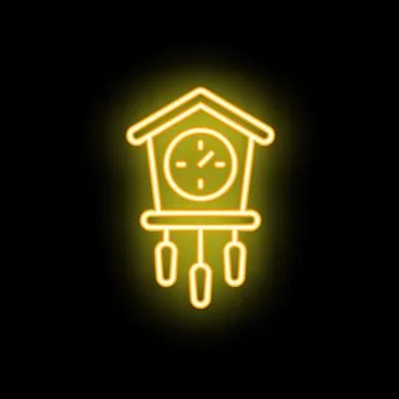Yellow neon cuckoo clock shining on black background Stock Illustration