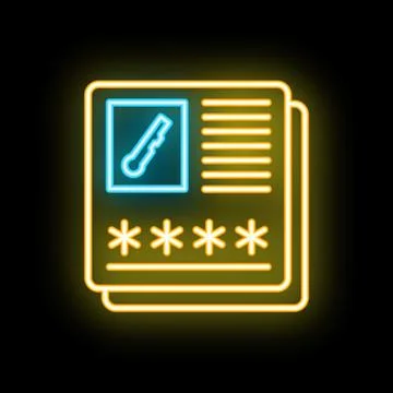 Yellow neon glowing icon of a document with a key and a password, represent.. Stock Illustration