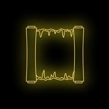 Yellow neon glowing scroll outline on black background Stock Illustration