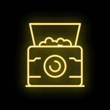 Yellow neon icon of a camera displaying a brain representing artificial int.. Stock Illustration