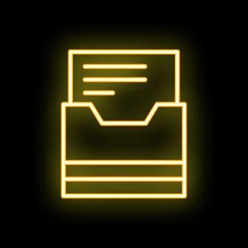 Yellow neon icon of a document being saved in a folder on a black background Stock Illustration