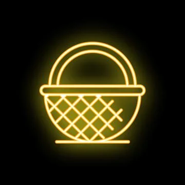 Yellow neon icon of empty wicker basket glowing on black background Stock Illustration