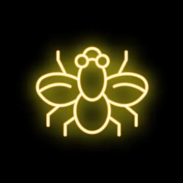 Yellow neon icon of a fly spreading its wings on black background Stock Illustration