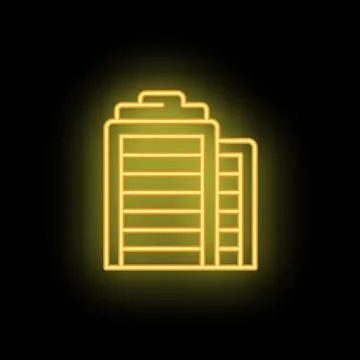 Yellow neon icon of a generic office building on black background Ilustración de archivo