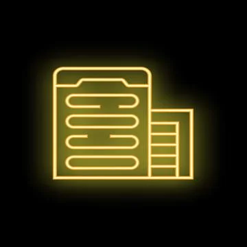 Yellow neon icon of multi storey building on black brick wall Ilustración de archivo