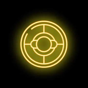 Yellow neon icon of a radar with three dots on a black background Stock Illustration