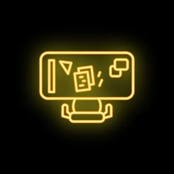 Yellow neon icon representing a workspace with a computer screen displaying d 스톡 일러스트
