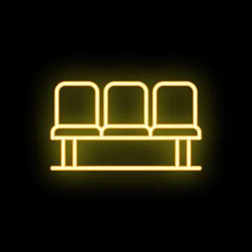 Yellow neon icon of three empty chairs forming a bench on black background Stock Illustration