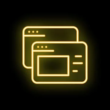 Yellow neon icon of two internet browser tabs glowing on black background Illustrazione stock