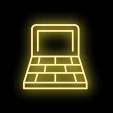 Yellow neon laptop computer glowing on black background Stock Illustration