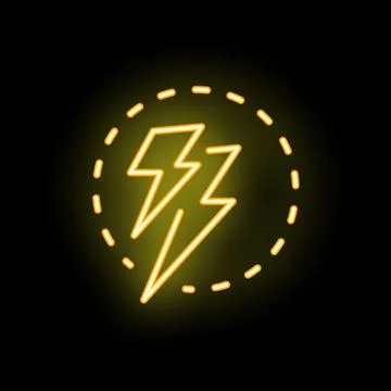 Yellow neon light displaying lightning bolt icon in circle frame Stock Illustration