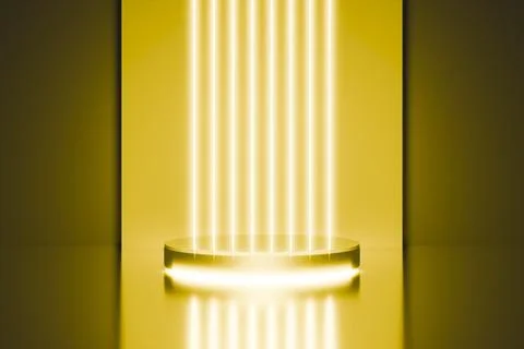 Yellow neon light lines with 3D product podium. Stock Illustration