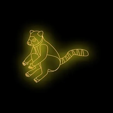 Yellow neon light ring tailed lemur silhouette sitting on black background Stock Illustration