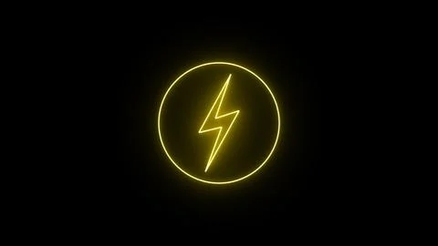 Yellow neon lightning bolt, glowing sign. Neon battery charging power symbo.. Ilustração Stock