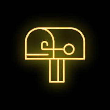 Yellow neon mailbox icon glowing on black background Stock Illustration