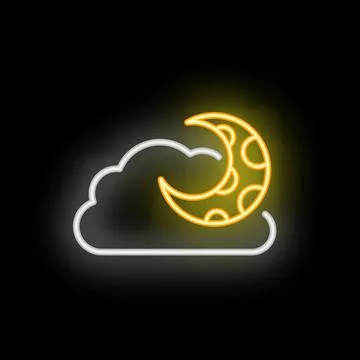 Yellow neon moon shining through white clouds on black background Stock Illustration