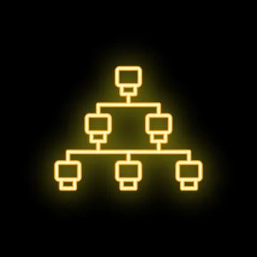 Yellow neon network hierarchy structure on black background Stock Illustration