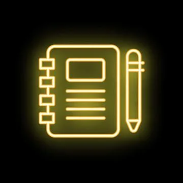 Yellow neon notebook and pen icon on black background Stock Illustration