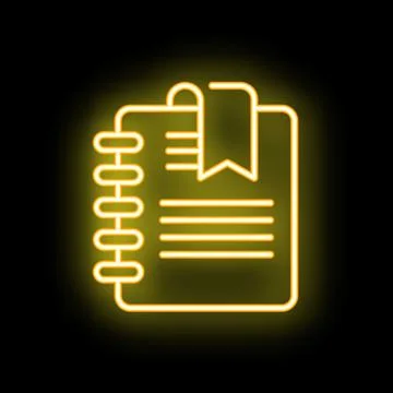 Yellow neon notebook with bookmark icon glowing on black brick wall backgroun Stock Illustration