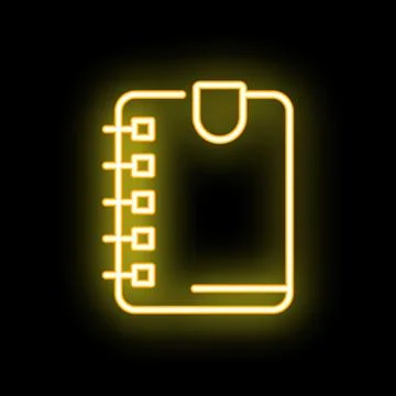 Yellow neon notebook icon glowing on black background Stock Illustration