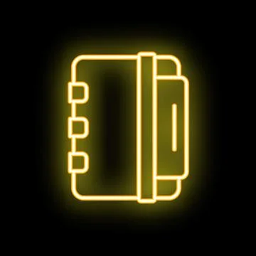 Yellow neon notebook icon glowing on black background Stock Illustration