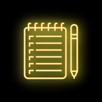 Yellow neon notepad and pen icon on black background Illustrazione stock