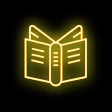 Yellow neon open book spreading knowledge icon at night Stock Illustration