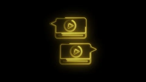 Yellow Neon Play Button Speech Bubble Icons Glowing on Black Background Dyn.. Stock Footage 315495555