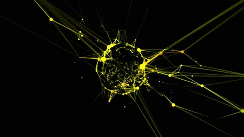 Yellow neon rays and dots rotate counterclockwise, forming a fantastic sphere on Video stock 126545354
