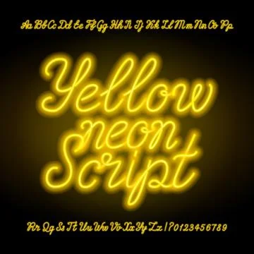 Yellow neon script alphabet font. Neon uppercase and lowercase letters. Stock Illustration