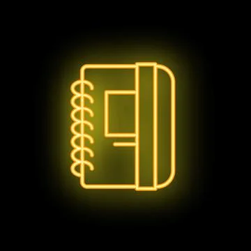 Yellow neon sign of closed notebook with bookmark on black background Stock Illustration