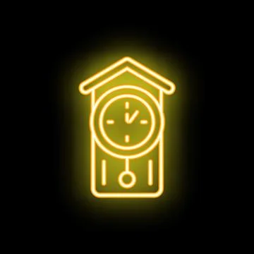 Yellow neon sign of a cuckoo clock on a black background Stock Illustration