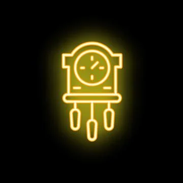 Yellow neon sign of a cuckoo clock on a black background Stock Illustration